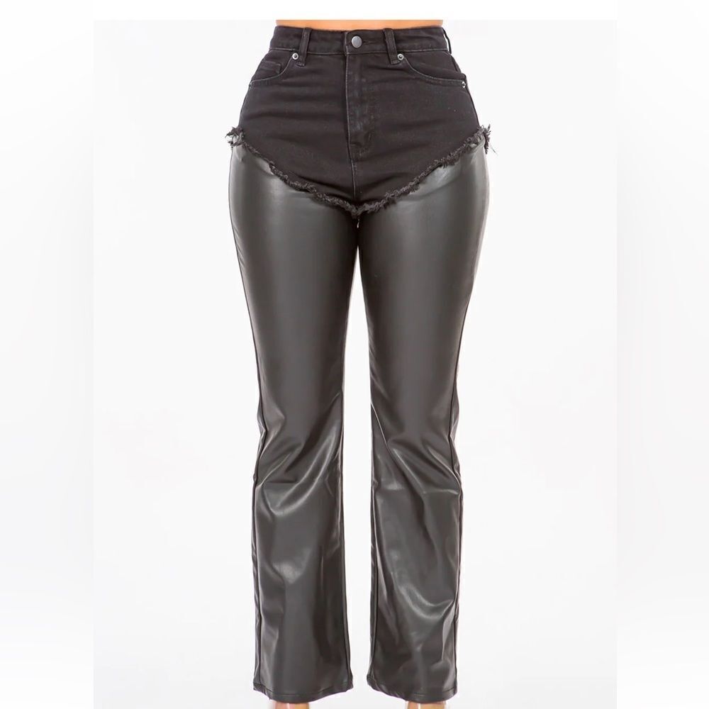 NWT American Bazi HIGH RISE PU PATCHWORK DENIM PANTS Sz M